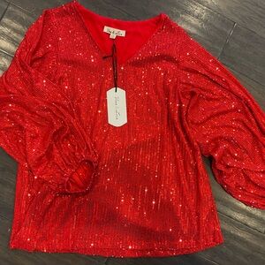 Vine & Love red balloon sleeve sequin top. Never worn with tags. Size Large.